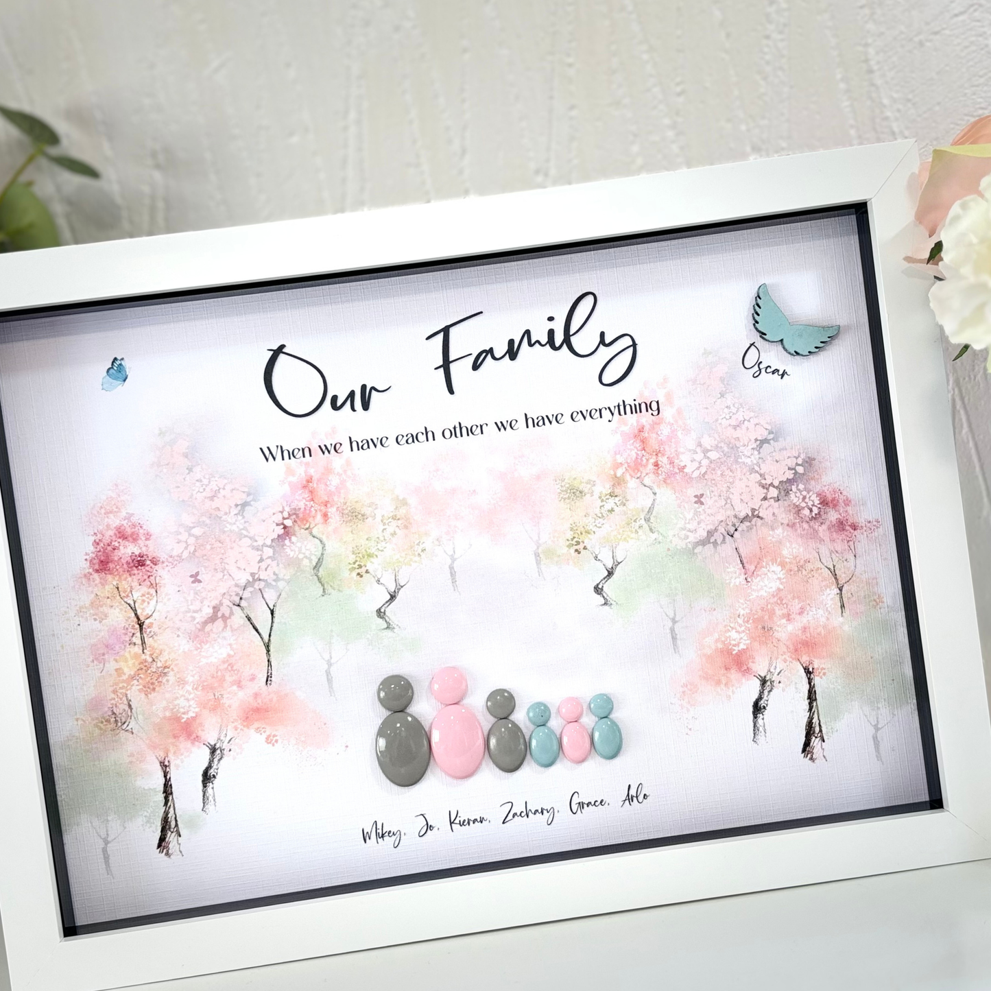 Personalised Family Pebble Picture - Pink Trees