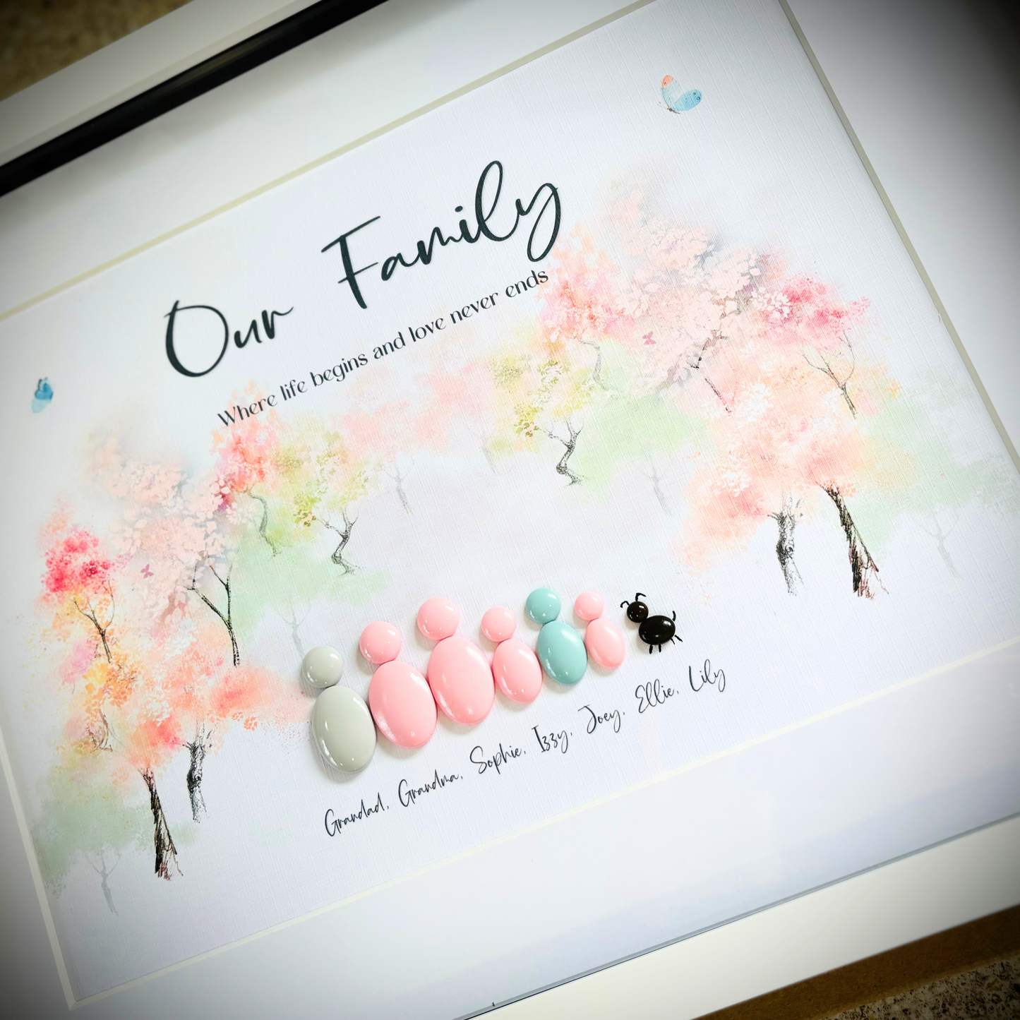 Personalised Family Pebble Picture - Pink Trees