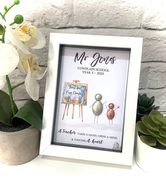 Personalised Teacher Pebble Picture - Framed Thank You Teacher Pebble Art - Teacher Appreciation Gift - End Of Term Thank You Teacher Gifts